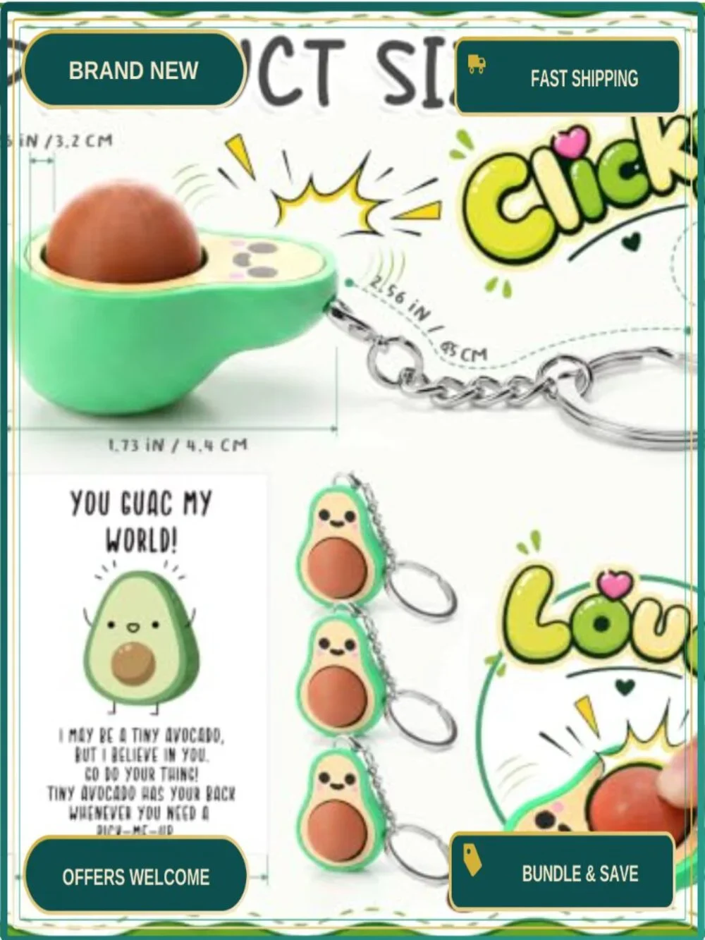24 Pack 3D Avocado Clicker Keychains with Cards, Fidget Toys PLA Material for